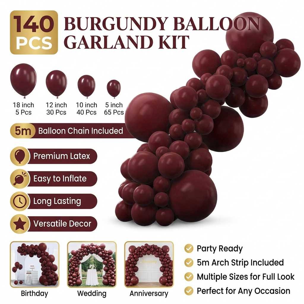 140PCS Wine red Balloon Garland Kit Latex Balloon Arch Set for Birthday Wedding Party Decoration Wine red Party Balloon Arch Kit with Multiple Sizes