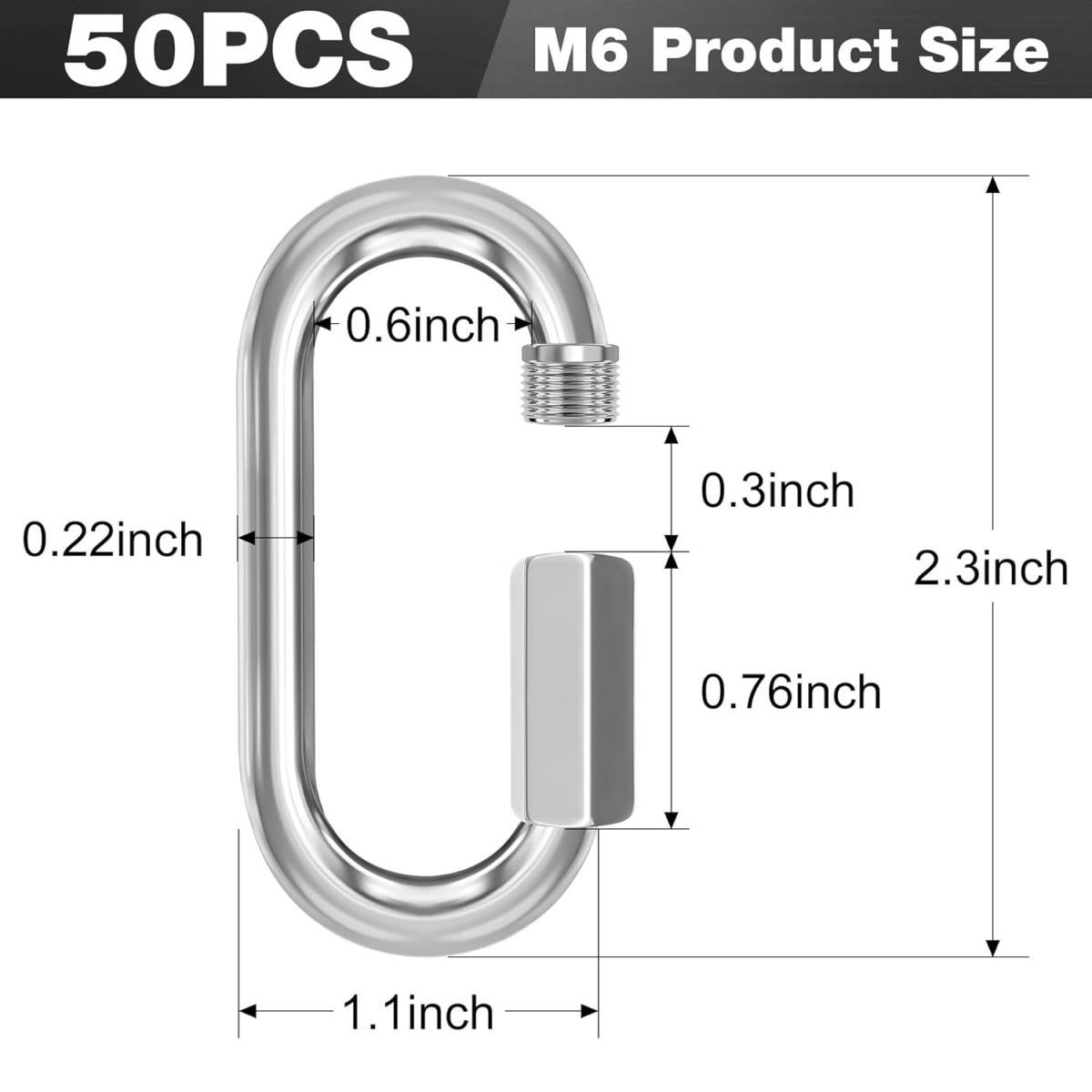 M6-50 Pack 2.3” Quick Links Chain Connectors, 1/4″ Galvanized Chain Locking Hooks, 620LBS Heavy Duty Thread Quick Link Clips, Twist Oval Keychain D Shape for Swing, Backpack, Key Ring