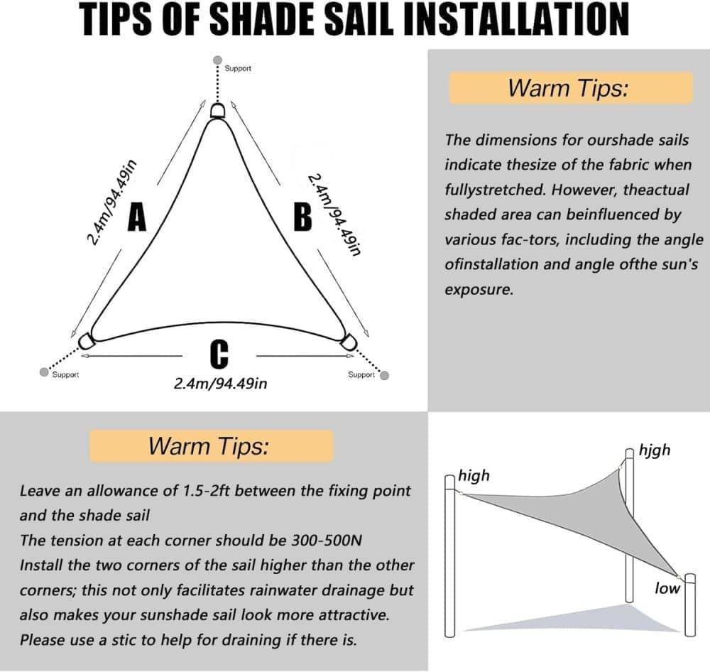 3m x 3m x 3m Waterproof Outdoor Sun Sail Triangle Shade UV Protective Sun Net for Camping Garden Terrace Pool, Light Gray