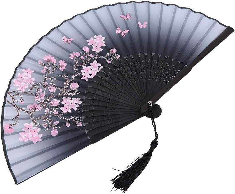 Hand Held Folding Fans, Floral Fans Handheld Paper Fan with Tassel Vintage Hollowed Holding for Dance Props Home Decoration(Gray) Grey 
