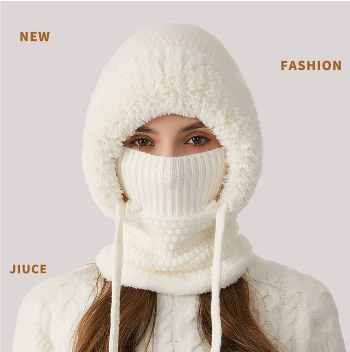 Winter Corn Velvet Hooded Scarf Mask Set - Thick Fleece Lined Knit Cap for Women - Warm Balaclava Neck Warmer for Extreme Cold - Off White
