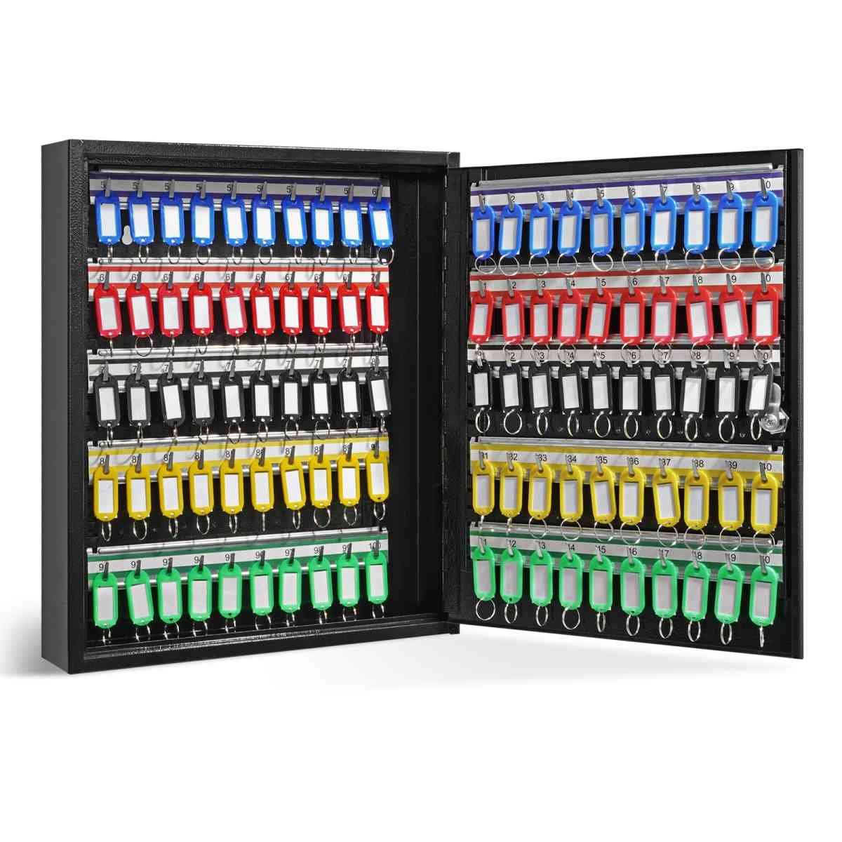 100-Key Cabinet, Key Lock Box with Adjustable Racks, Security Key Storage Box Steel, Key Organizer with 100 Colorful Key Tags and 2 Record Cards for School, Office, Hotel