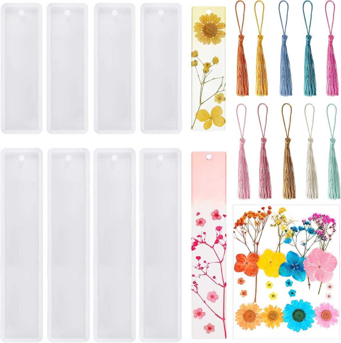 38 Pieces Bookmark Resin Mould Set, Include Rectangle Bookmark Silicone Mould Epoxy Resin Jewelry Mould with Colorful Tassels and Dried Flowers for Jewelry DIY Bookmark Making