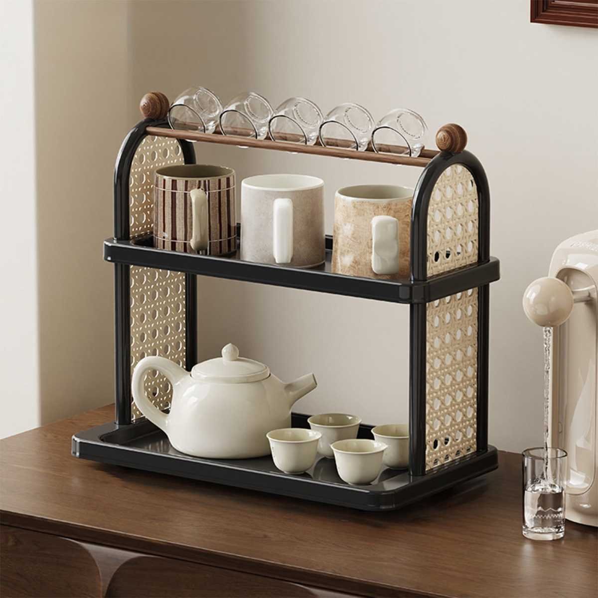 Tea Water Rack, Multi-Functional Storage Rack, Multi Layer Cup Storage Rack, Multi-function Rack Desktop Storage Rack, Mul-tifunctional Wooden Tea Cup Station Countertop Stand Shel Black
