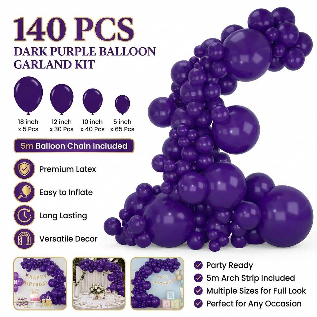 140PCS Deep purple Balloon Garland Kit Latex Balloon Arch Set for Birthday Wedding Party Decoration Deep purple Party Balloon Arch Kit with Multiple Sizes