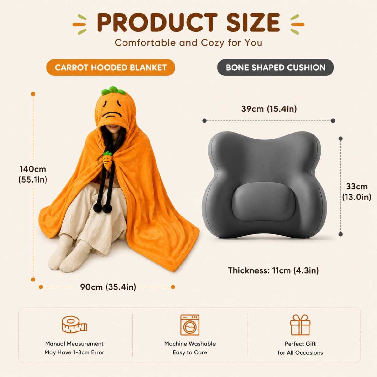 Carrot Hooded Blanket with Grey Memory Foam Lumbar Support Pillow, Cozy Wearable Throw Blanket and Ergonomic Back Cushion Set for Office, Home, Study and Relaxation