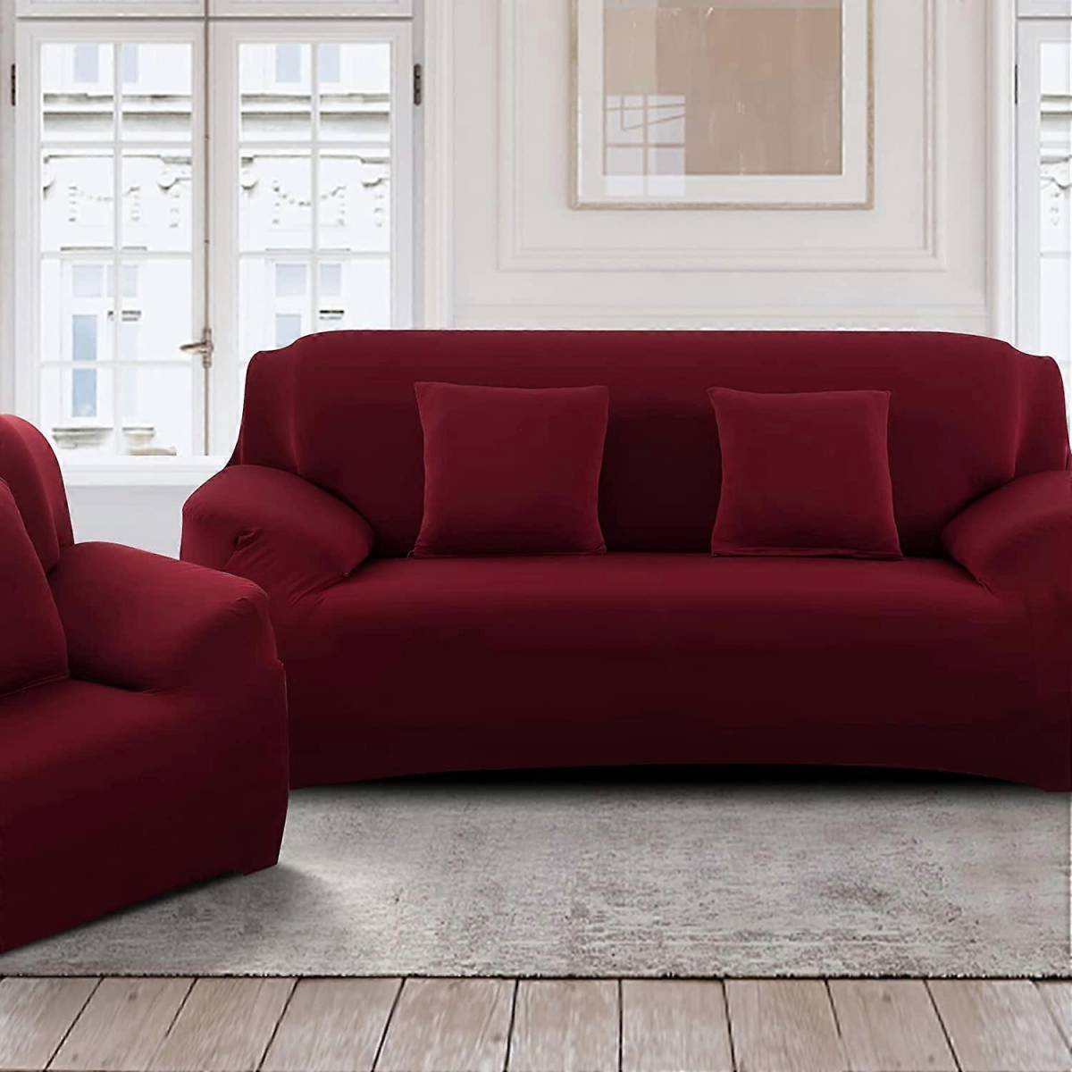2 Seater Square Stretch Sofa Cover with Armrests and Cushion Covers