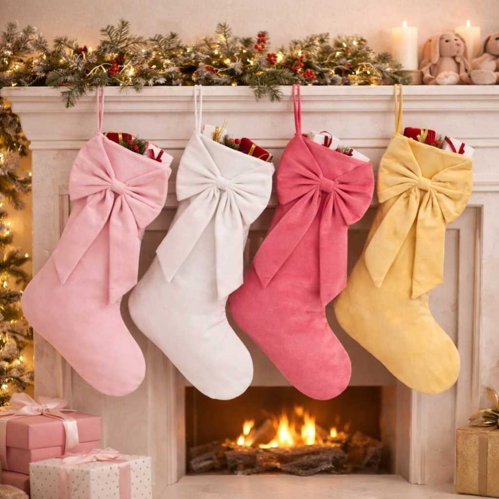 18 Inch Oversized Luxury Velvet Christmas Stocking with Bow & Loop, Fireplace Hanging Gift Bag, Holiday Mantel Decor and Present Holder, 4PCS Set in Watermelon red Pink White Yellow