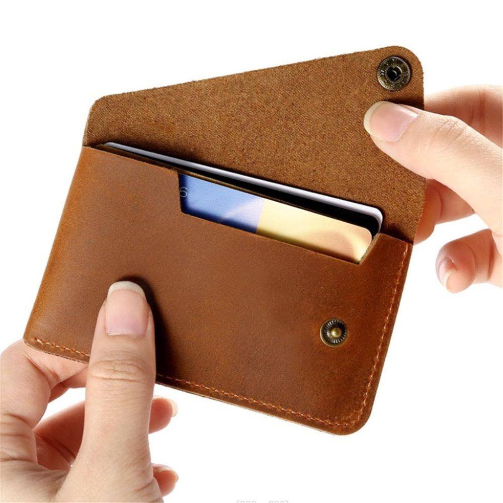 Handmade Grain Leather Card Wallet - Hand Stitched Rounded Corner Card Holder, Slim Snap Closure Minimalist Card Case Artisan Crafted Wallet (Brown)