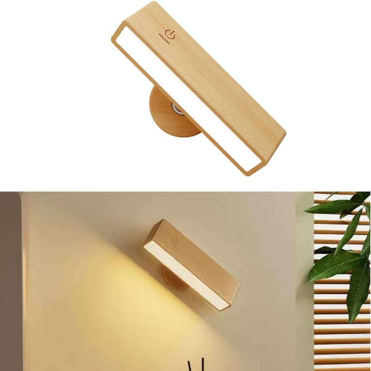 Indoor wall lamp - Wooden LED wall lamp with wireless charging - Bedroom wall lamp - 360° rotating touchscreen dimmable light - Drill-free installation - Suitable for bedroom/living room