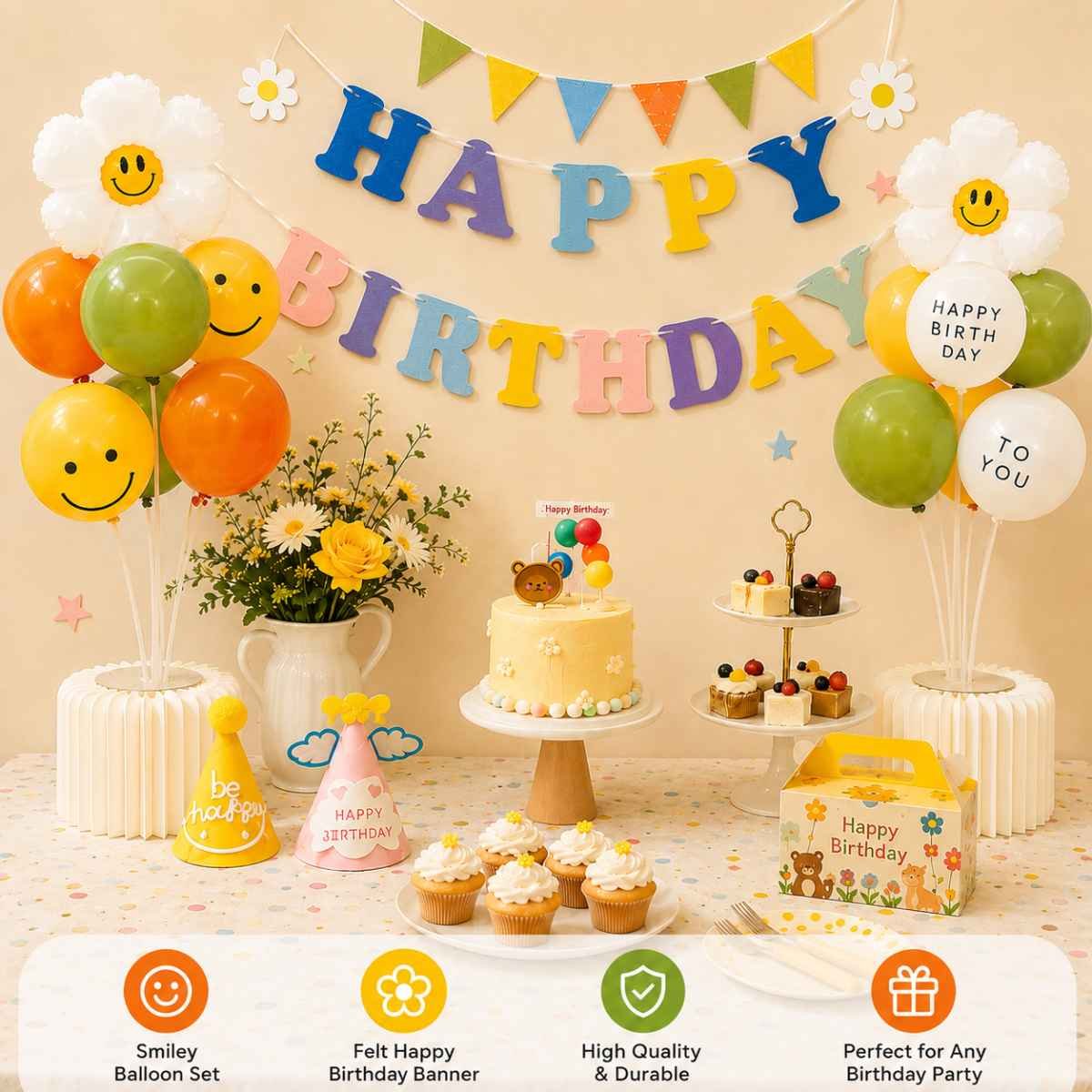 3-pcs Birthday Party Decoration Set with 2-pack Smiley Daisy Balloon Centerpieces & Blue and Pink Happy Birthday Felt Banner, Kids Birthday Party Decor Kit, Photo Booth Backdrop Supplies,
