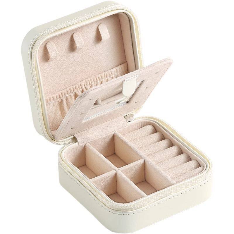 White Mini Travel Jewelry Box with Mirror - 10x10x5cm Portable PU Leather Organizer for Rings, Earrings, Necklaces, Anti-Tarnish Velvet Interior, Compact Design for On-the-Go Storage
