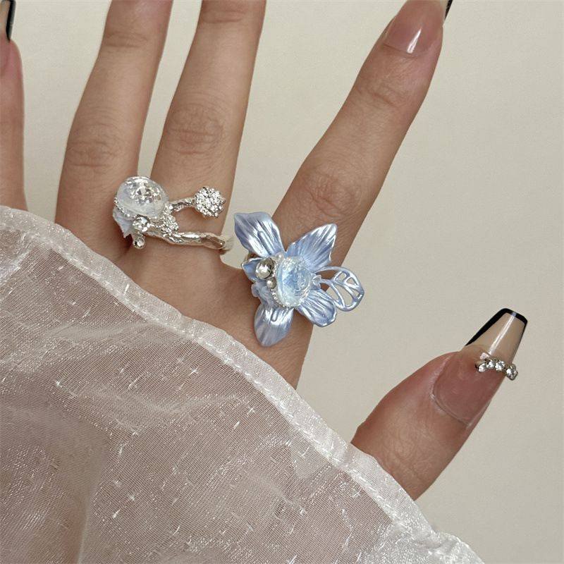 2PCS Vintage Camellia Handmade Enamel Stackable Wide Metal Rings A+B with Zirconia Accents - French Style Stackable Floral Band for Women