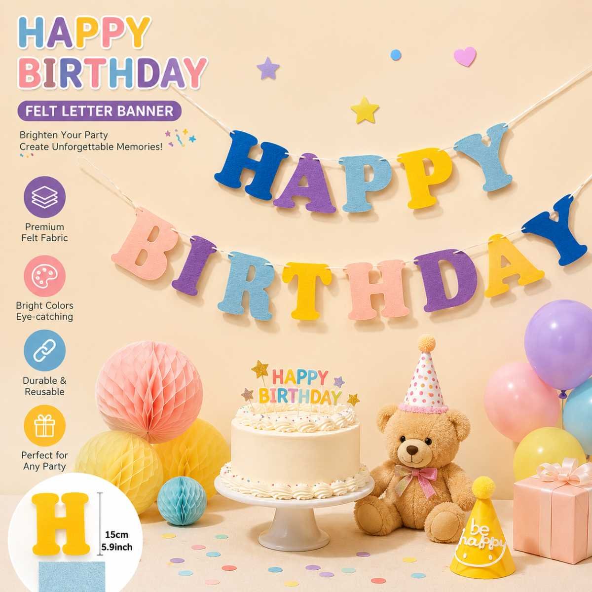 Blue and Pink Happy Birthday Felt Banner Garland, Reusable Birthday Party Hanging Decoration, Colorful Letter Bunting for Kids Birthday, Baby Shower, Photo Booth & Celebration Backdrop