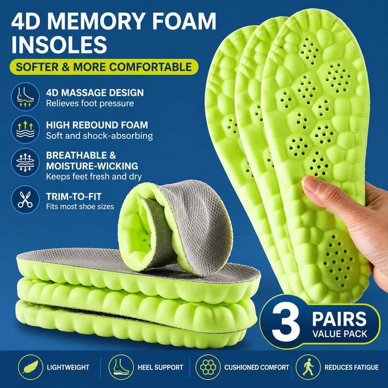 3 Pairs Green and Grey 4D Cloud Insoles for Men and Women Insoles Super Soft Anti-Fatigue, Shock Absorption, Relieve Foot Pain  (AU 18–19)