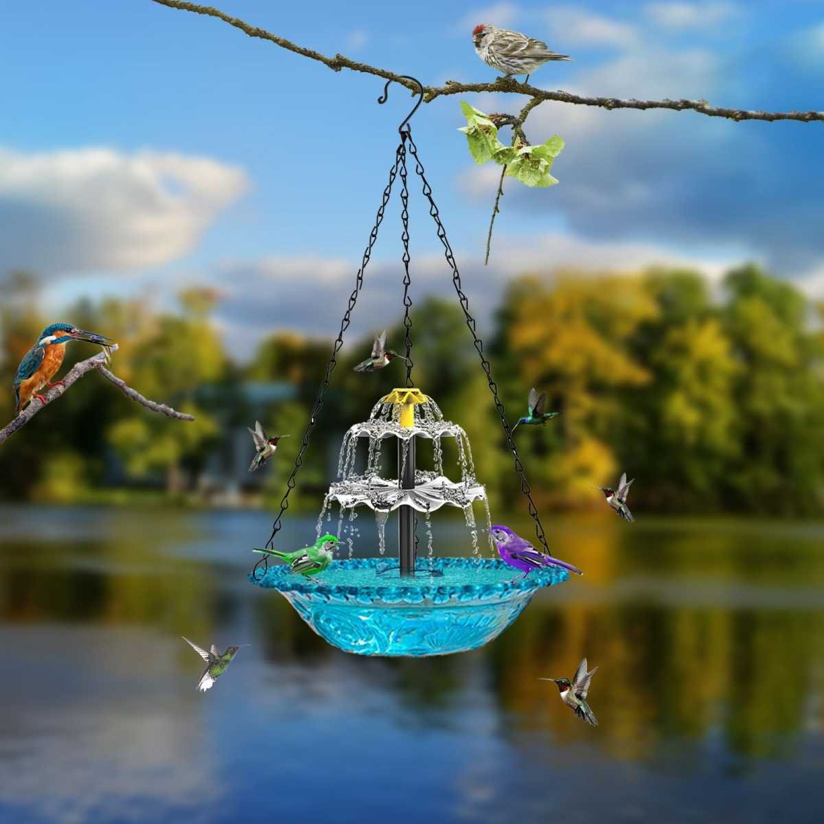 Pink Solar Hanging 3-Layer Cascade Bird Bath Fountain & Wildlife Feeder - 9.25"W Bird Bath Bowl with Solar Powered Pump for Outdoor Garden Backyard Patio Lawn