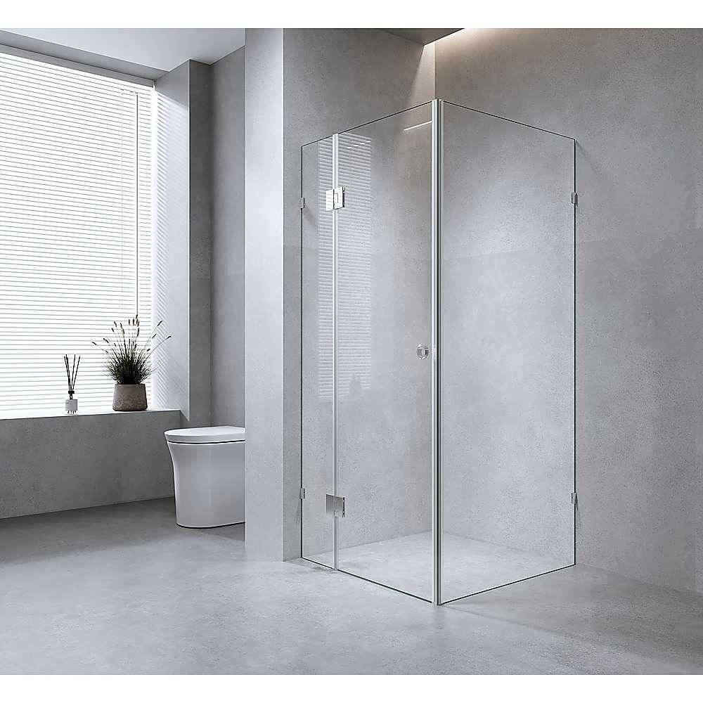 100x100cm Corner Frameless Shower Screen with Chrome Brackets and Brass Hinges - F-Brackets