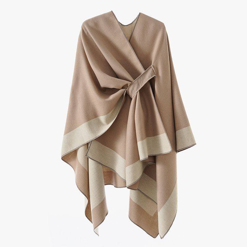 Solid Color Striped-Border Faux Cashmere Shawl Scarf, Minimalist Versatile Autumn Winter Warmth Elegant Accessory.(khaki）