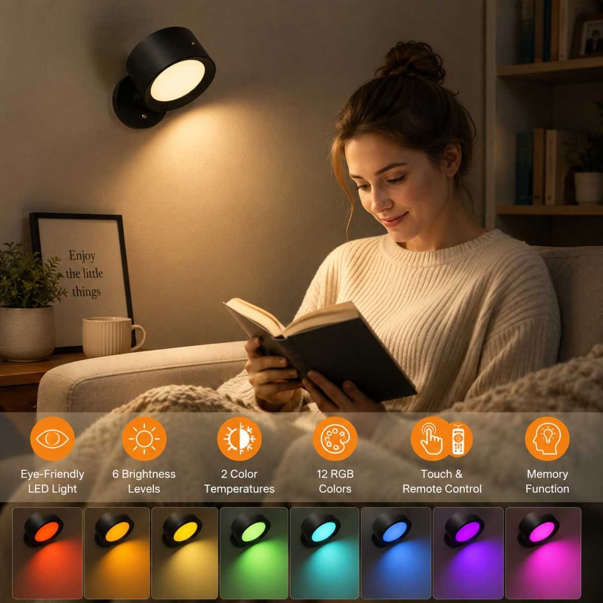 Magnetic RGB LED Wall Light Rechargeable Bedside Reading Lamp 360° Adjustable Wall Sconce with Remote Control