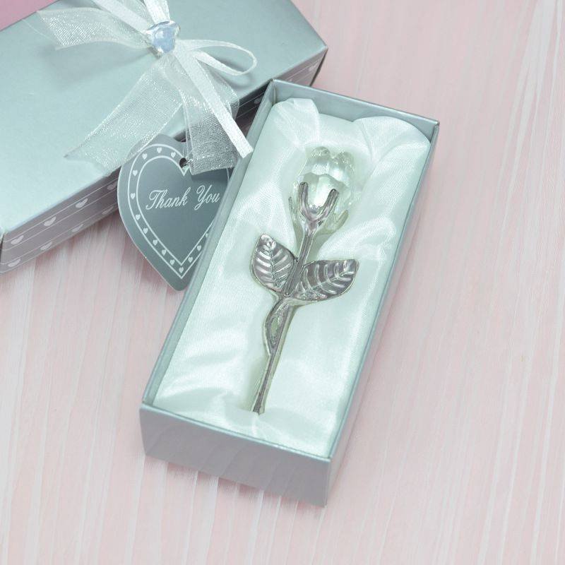 2 Set of White Crystal Rose Flower with Silver Gift Box and Silver Plated Stem Leaf – Elegant Crystal & Metal Rose Ornament | Wedding Party Gift, Valentine's Day & Anniversary Keepsake