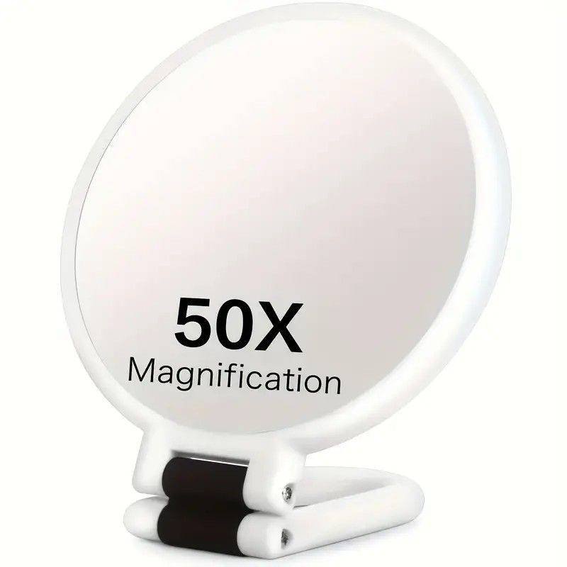 Double-sided Folding Makeup Mirror – 1X/50X Dual Magnification, 360° Rotatable and Foldable for Portability, Three Uses: Handheld, Desktop, Wall-mounted(WHITE)