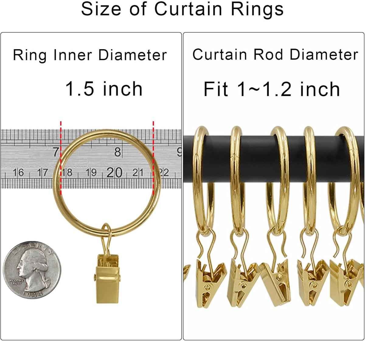Metal Curtain Hooks with Clamps and Rings - 40 Pieces - Drapery Clip Hooks - Metal Curtain Rings - Decorative Curtain Rod Clips - Hooks - Shower Curtain Hanging Hooks with Clamp - Metal Curtain Rings with Clips - Gold