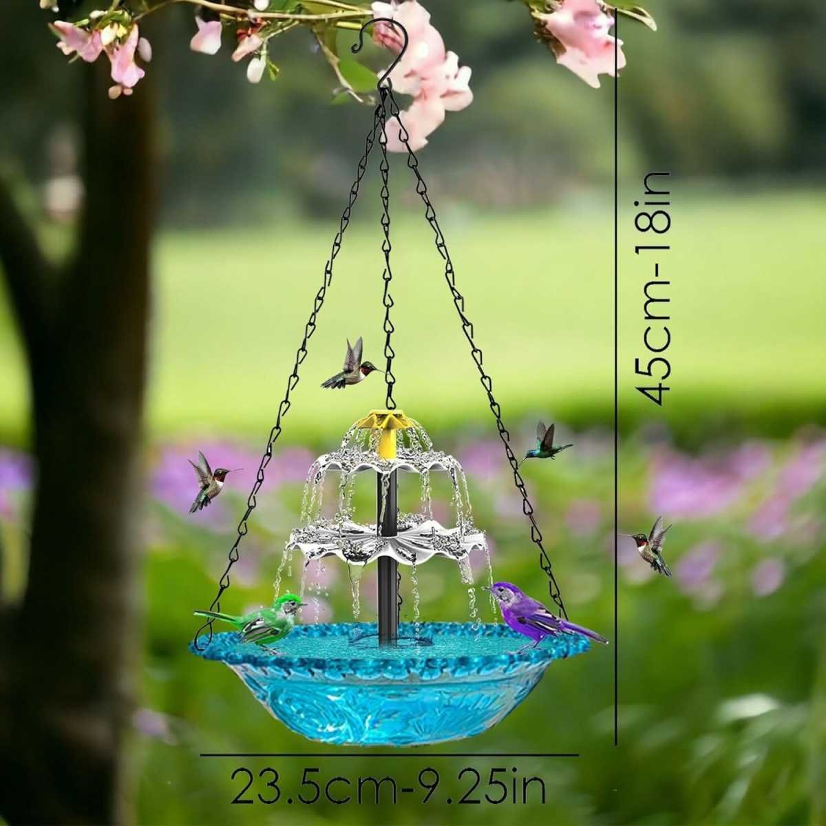Blue Solar Hanging 3-Layer Cascade Bird Bath Fountain & Wildlife Feeder - 9.25"W Bird Bath Bowl with Solar Powered Pump for Outdoor Garden Backyard Patio Lawn