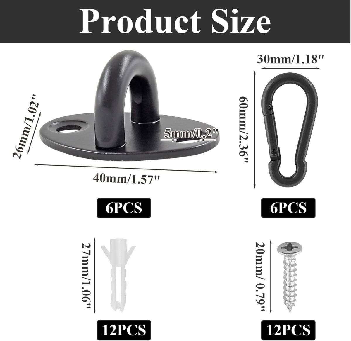 Biaungdo 6 Pcs Stainless Steel Ceiling Hooks, Black 1.54" x 1.06" Pad Eyes Plate Marine Hardware Ceiling Hooks with Screws & Expansion Tube