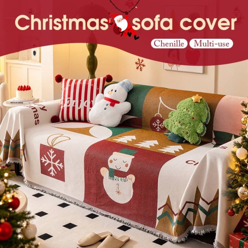 180 x 340 CM Christmas Jacquard Chenille Sofa Cover Throw Blanket with Tassel Fringe (Style 3), Elegant Festive Couch Protector Slipcover for Holiday Home Decor and Multi-Purpose Use