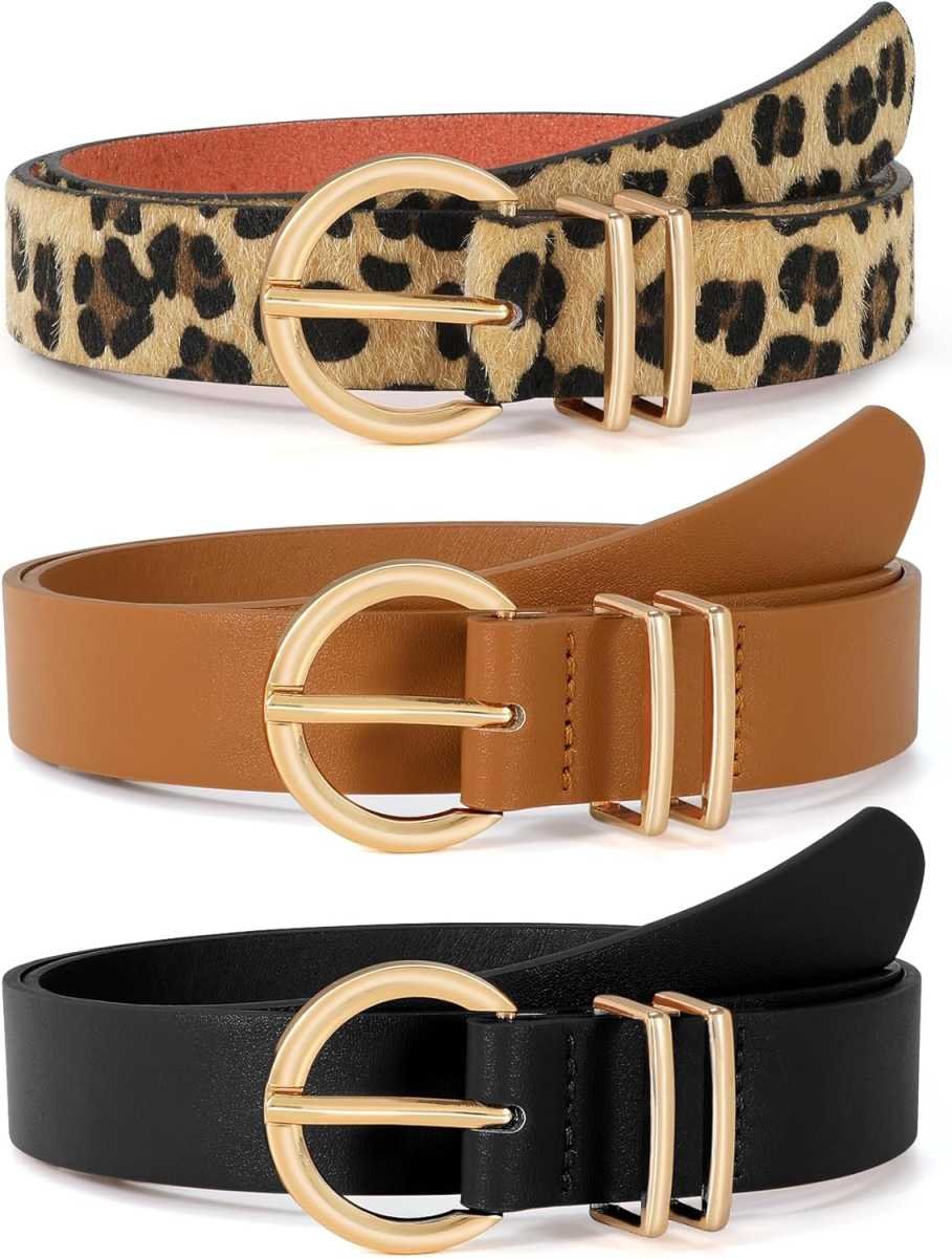 3 Pack Women's Leather Belts for Jeans Dresses Ladies Waist Belt with Fashion Gold Buckle