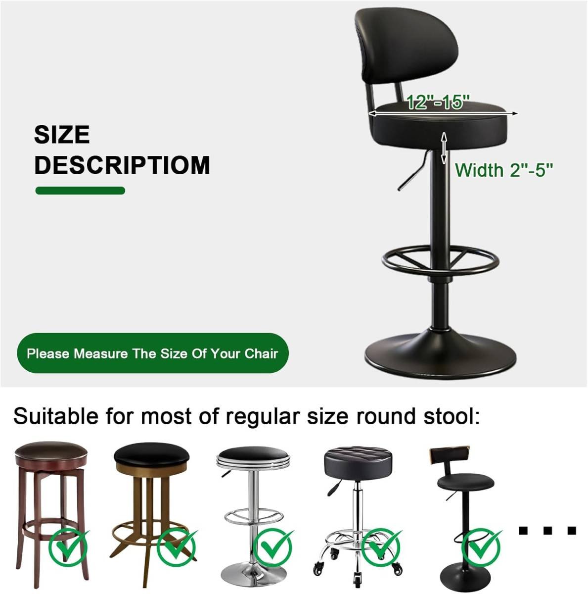 Bar Stool Covers Round Set of 2, Waterproof PU Seat Covers With Elastic Bands, Chair Covers Washable Cushion Slipcover for 12-15 Inch - Black