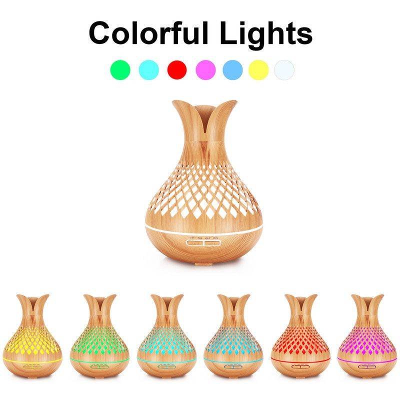 500ML Diamond Hollow Wood Grain Diffuser Humidifier, 7-Color LED Night Light, Remote Control, Timer, Continuous & Intermittent Mist - Light Wood