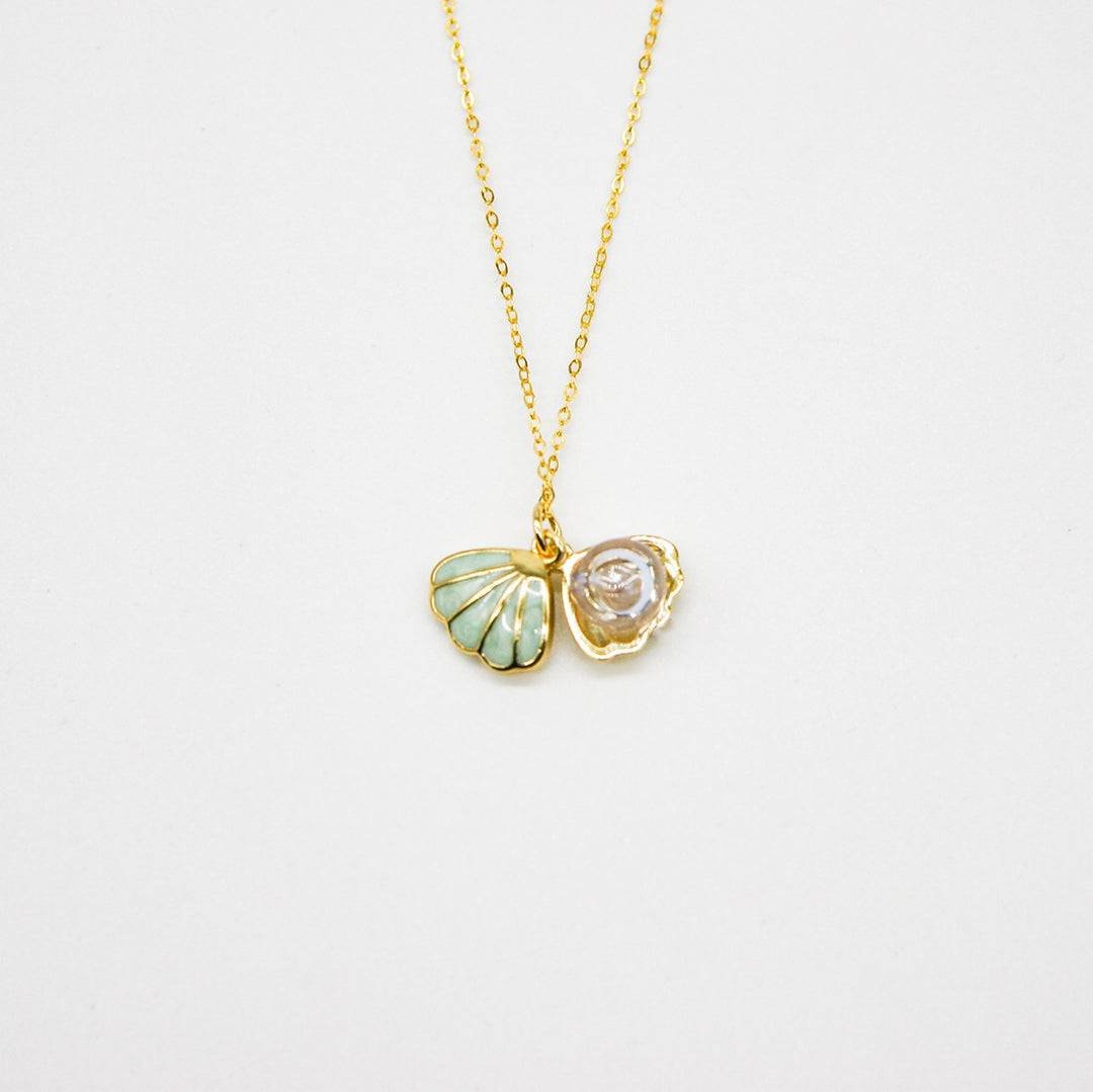 Gift Box - Aroma Necklace 925 Silver, Gold coated - Green Shell Dreamy Lavender (Light Purple) + Purify Oil Blend