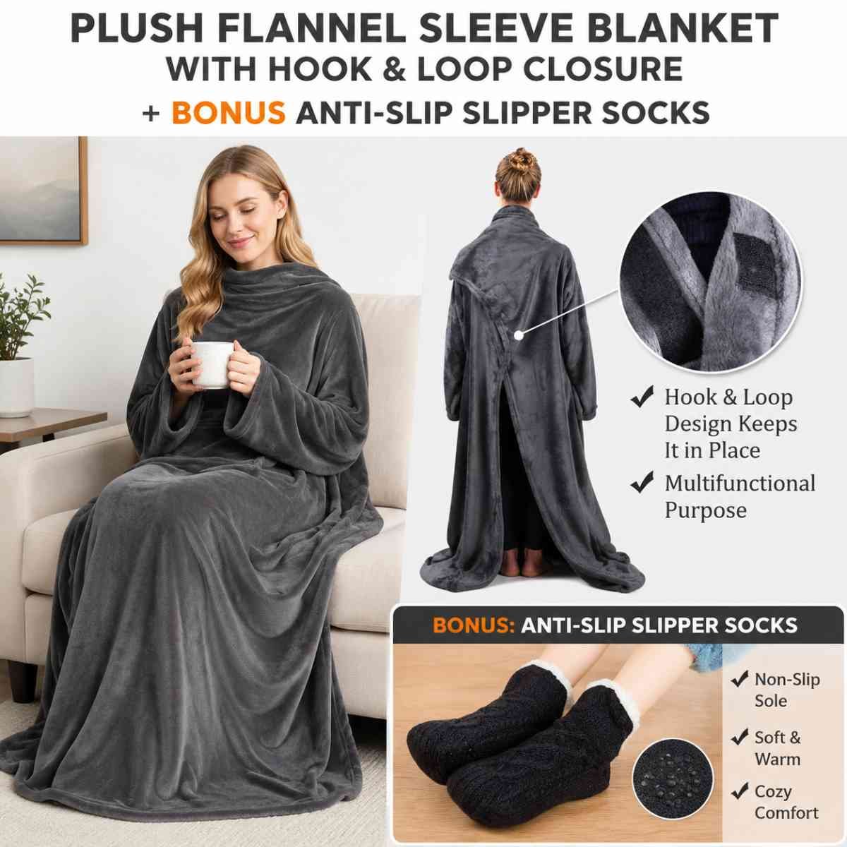 Winter Cozy Warm Loungewear Gift Set – 170 × 200CM Dark Grey Flannel Fleece Wearable Blanket with Adjustable Sleeves Large Front Pocket and Back Velcro Closure, Free XL Size Sherpa Fleece Cable Knit Anti-Slip Slipper Socks for Home Relaxation
