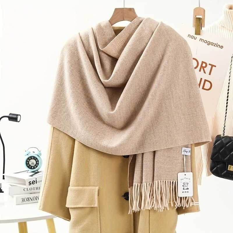 Solid Color Cashmere Wrap Scarf, Thickened for Warmth and Windproof, Bohemian-Style Winter Wardrobe Essential(Oat color)