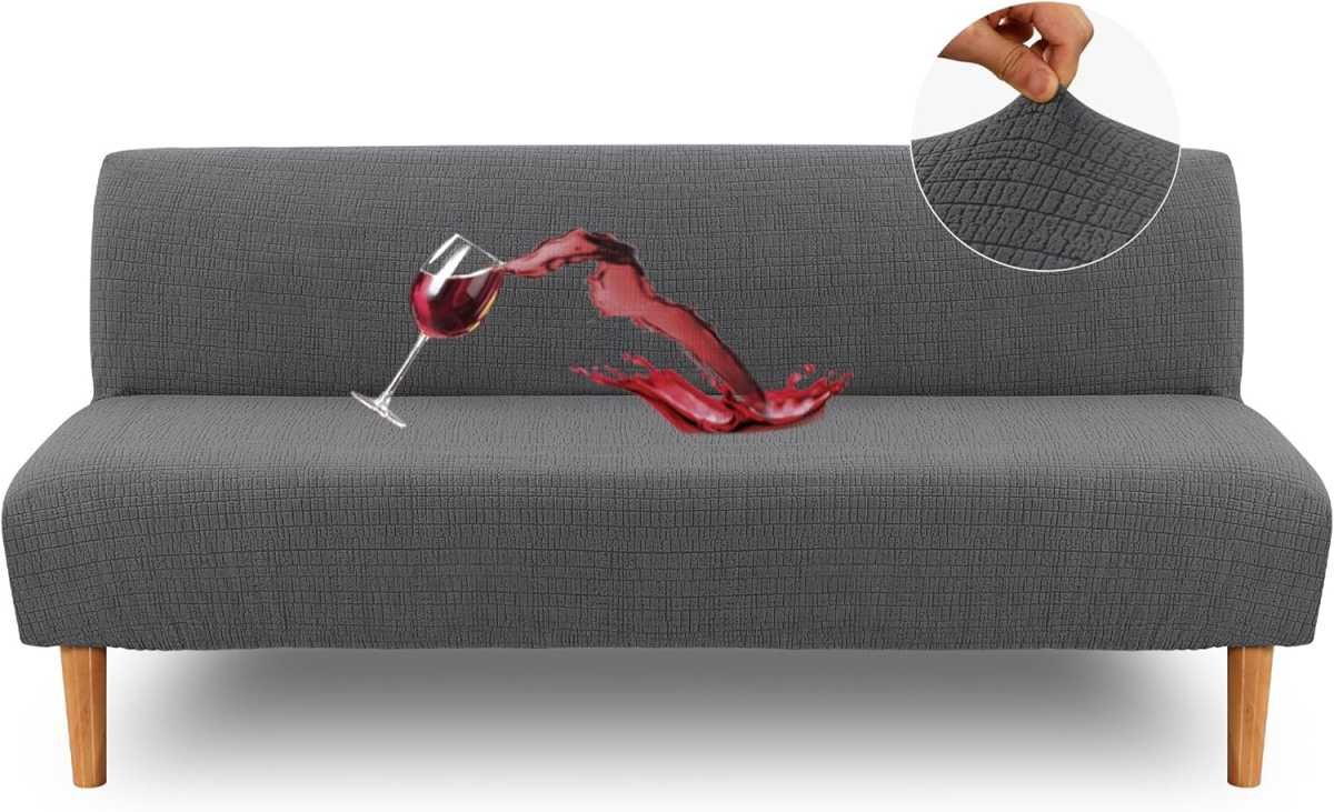 100% Waterproof Armless Futon Cover, Sofa Cover Stretch Jacquard Couch for Futon, Dual Leakproof Furniture Protector Pets, Grey -