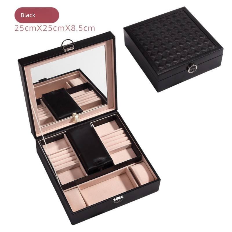 Black Large PU Leather Jewelry Box with Mirror & Lock - Velvet Lined Organizer for Rings, Necklaces & Watches