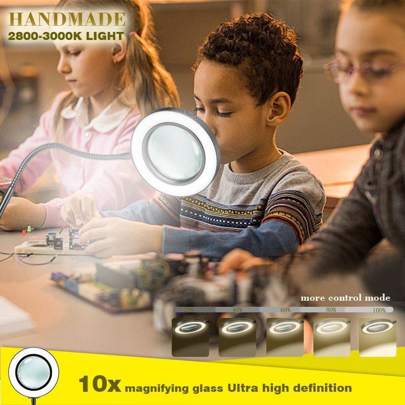 10X Desk Magnifying Glass with Light and Stand, Large Magnifying Lamp Magnifying Light for Crafts Hands Free, Upgrated Head Button Reading Magnifier for Books Sewing