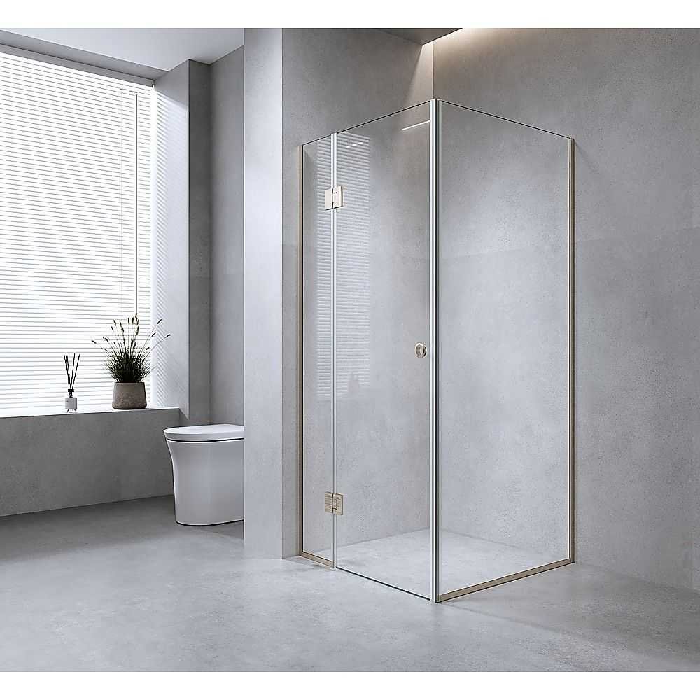 110x110cm Corner Frameless Shower Screen – Chrome Wall Channel and Floor Channel with Brass Hinges for Elegant Bathrooms