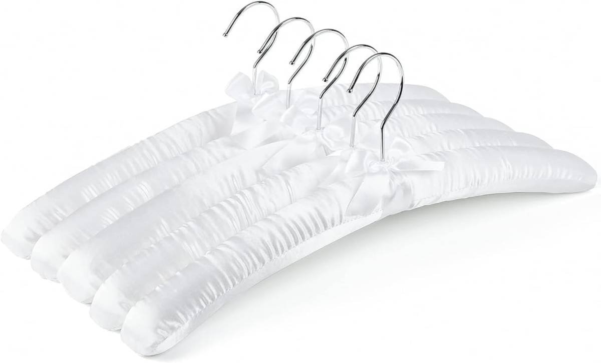 5 Pack 17 Inch Large White Satin Padded Hangers for Women Clothing, Anti Slip Cushioned for Sweaters, Silk Fancy Dress for Wedding, Delicate Cashmere