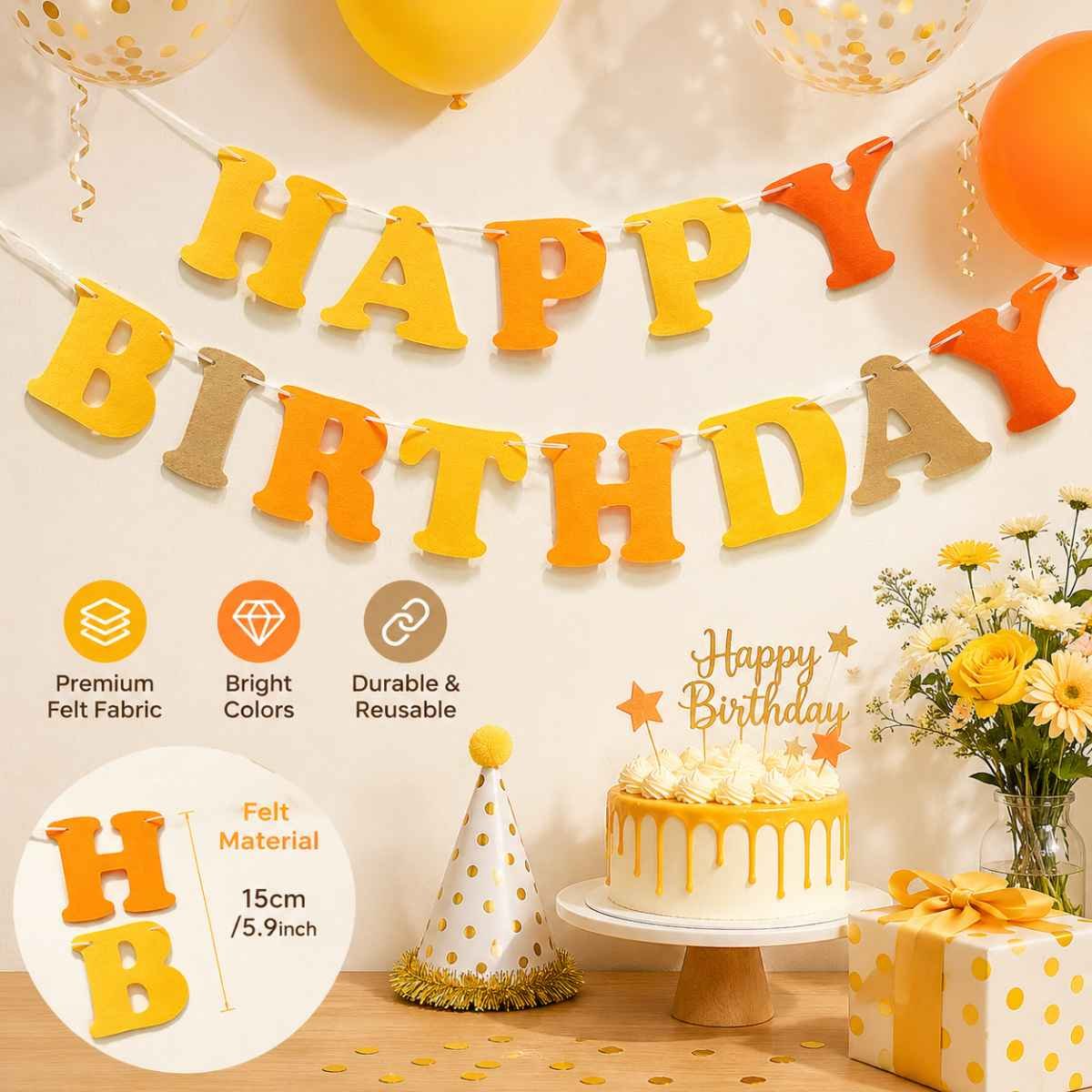 Orange and Yellow Happy Birthday Felt Banner Garland, Reusable Birthday Party Hanging Decoration, Colorful Letter Bunting for Kids Birthday, Baby Shower, Photo Booth & Celebration Backdrop