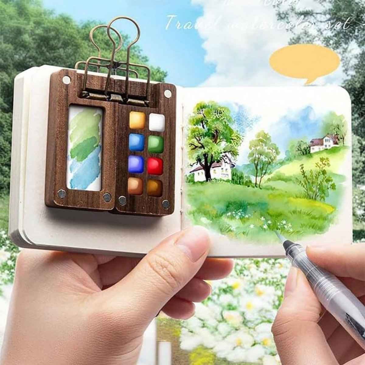 Mini Watercolor Paint Set for Travel - Portable Palette with 15 Grids - Pocket Watercolor Set - Pocket Travel Paint Tray Box - Portable Artist Palette Sets with Colors, Book, Binder Clips, Pens, Wooden Paint Box - for Painters, Artists, Students