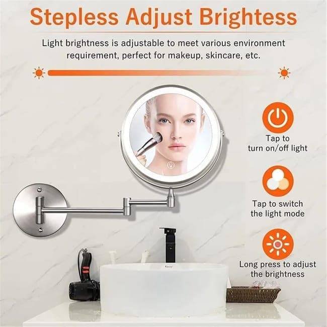 8 Inch Wall Mounted Makeup Mirror with Lights, 3x/10x Magnification, Dimmable 3 Light Modes, 360° Rotatable Double-Sided Mirror, Black