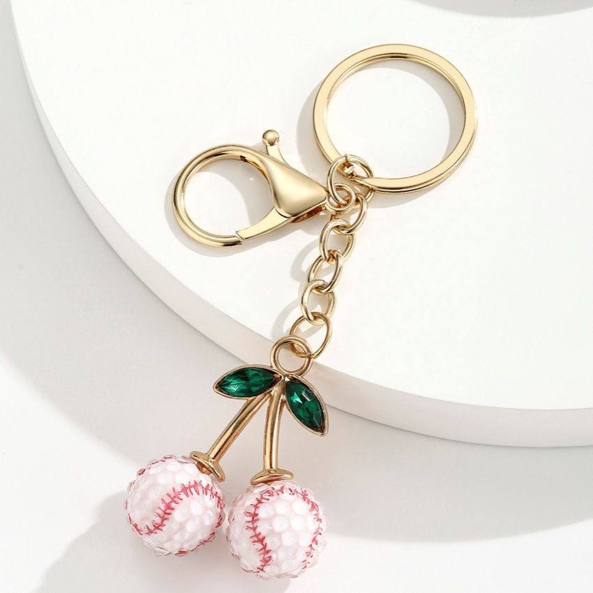 2 Pcs White baseball shape Creative Sports Ball Cherry Keychain – Cute Resin Charm for Car Keys, Bags & Backpacks 