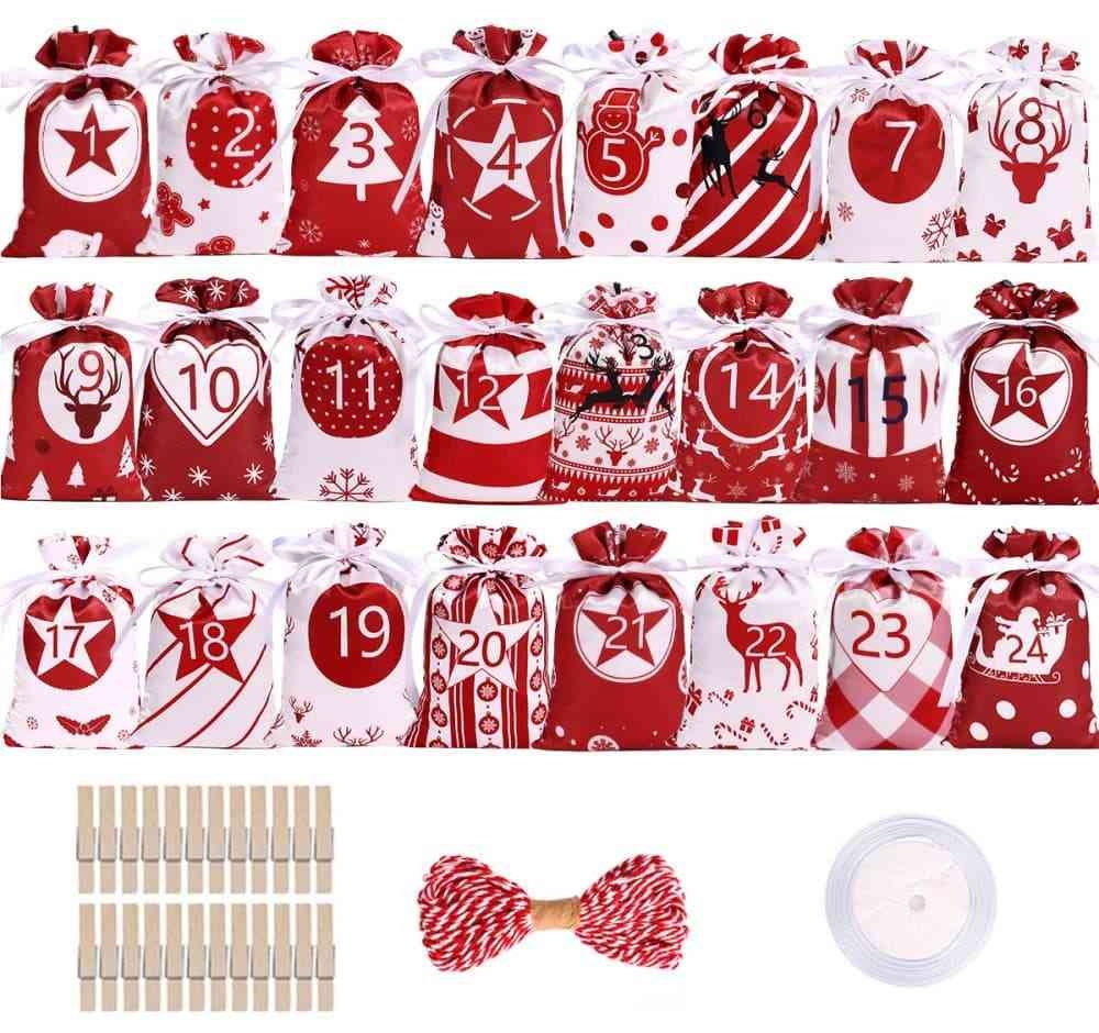 24 Christmas Calendar Bags, DIY Advent Calendar with Hanging Bags, Reusable for Christmas Gifts, Red